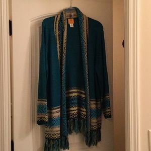 Bluegreen, black, fringed bottom cardigan.